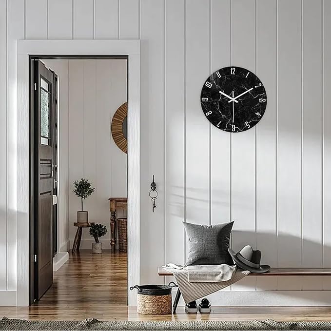 Marble Minimalist Wall Clock for Living Room Black Wall Clocks Battery Operated 20 Inch Big Glass Wall Clock Non Ticking