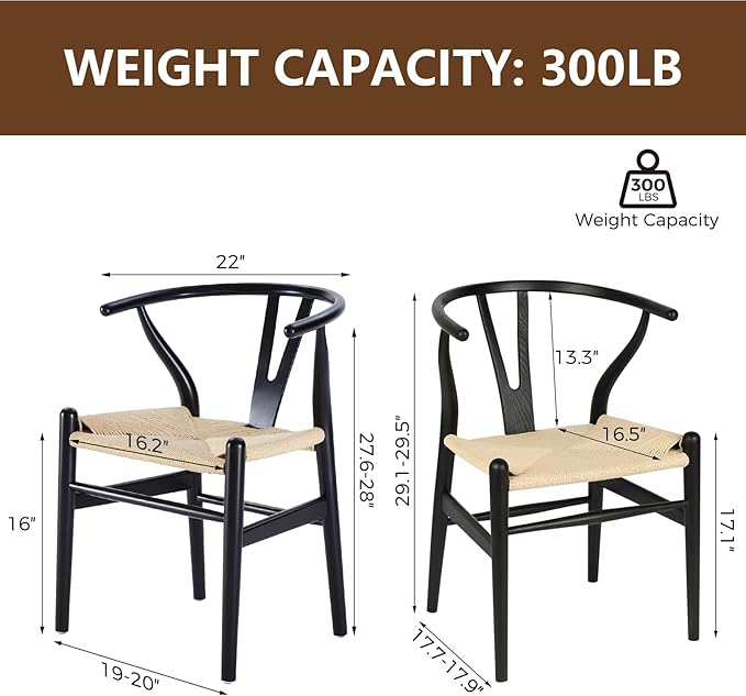 Wishbone Chair Natural Solid Wood Dining Chair/Hans Wegner Y Chair Rattan and Wood Accent Armrest Chairs - Ash Wood Chairs Set of 1 (Ash Wood - Black + Natural Color)