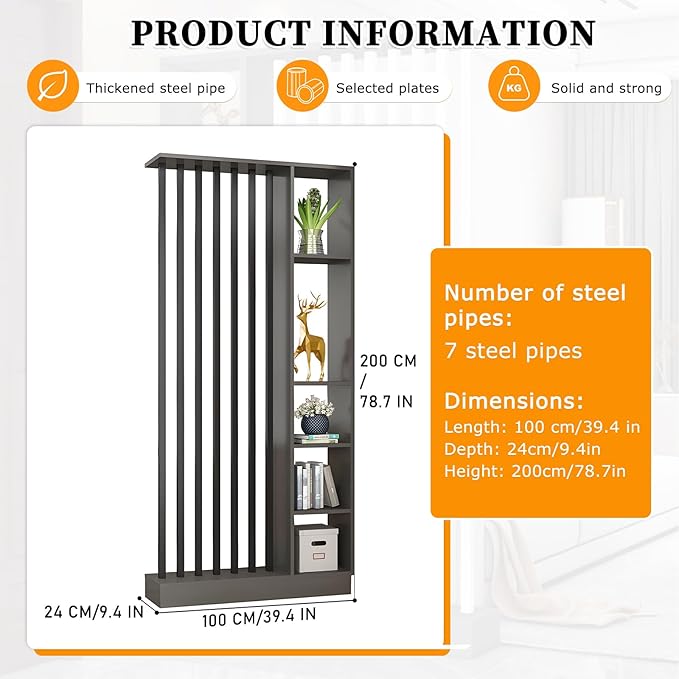 Wall Room Divider,Freestanding Room Divider with Shelves,Wood Room Divider Screen with Storage Cabinet, Wall Divider for Room Separation, for Home Office Decorative E 39.4×9.4×78.7in