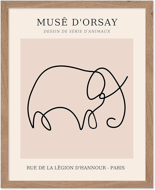 Poster Master Vintage Poster - Retro One Line Elephant Drawing Print - Elephant Art - Minimal Gift for Men, Women, Animal Lover - Abstract Wall Decor for Home, Office, 8x10 Beige Framed