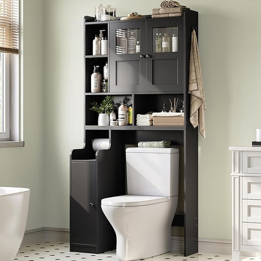 Itaar Over The Toilet Storage Cabinet, Over Toilet Bathroom Organizer with Glass Doors & Toilet Paper Holder Stand, Home Space-Saving Toilet Rack, for Bathroom, Restroom, Laundry(Black)