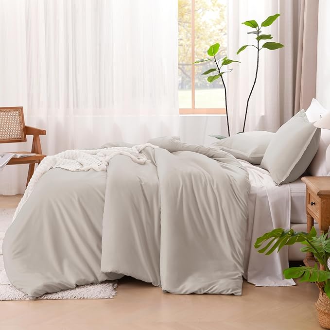 Litanika Linen Grey Comforter Set California King Size, 3 Pieces Cal King Lightweight Solid Bedding Comforter Set, All Season Fluffy Bed Set (104x96In Comforter & 2 Pillowcases)