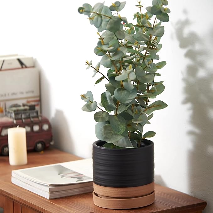 6 Inch Plant Pots, Ceramic Planter Pot with Drainage Hole & Saucer, Indoor/Outdoor Cylinder Round Planter Pot, Matte Black & Brown