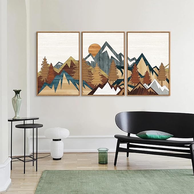SIGNINART Vintage Mountain Framed Canvas Wall Art Set, Boho Sunrise Art Prints, Forest Nature Wilderness Art Paintings, Modern Farmhouse Woodcut Style Wall Decor for Living Room Bedroom, Office 16"x24"x3