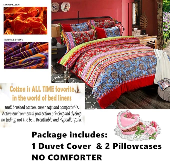 ABREEZE Bohemian Duvet Cover Set Colorful Red Boho Retro Bedding Set Damask Paisley Cotton Duvet Cover Tribal Reversible Bedding Exotic Style Comforter Cover 3-Piece King