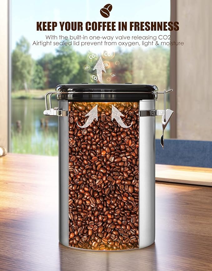 HAIOOU Airtight Coffee Canister, 16OZ Small Stainless Steel Coffee Bean Storage Container with Date Tracker, Measuring Scoop, CO2 Releasing Valves and Mini Tongs for Beans, Grounds and more - Silver