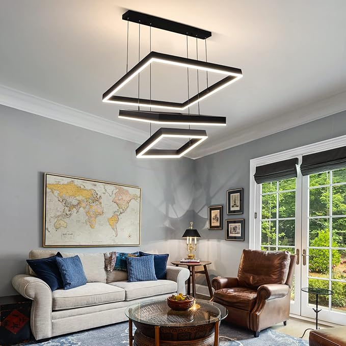 Modern LED Square Chandelier, 3 Ring Dimmable for Living, Dining, Bedroom & Foyer - High Ceiling Hanging LED Pendant Light Fixture (Black)