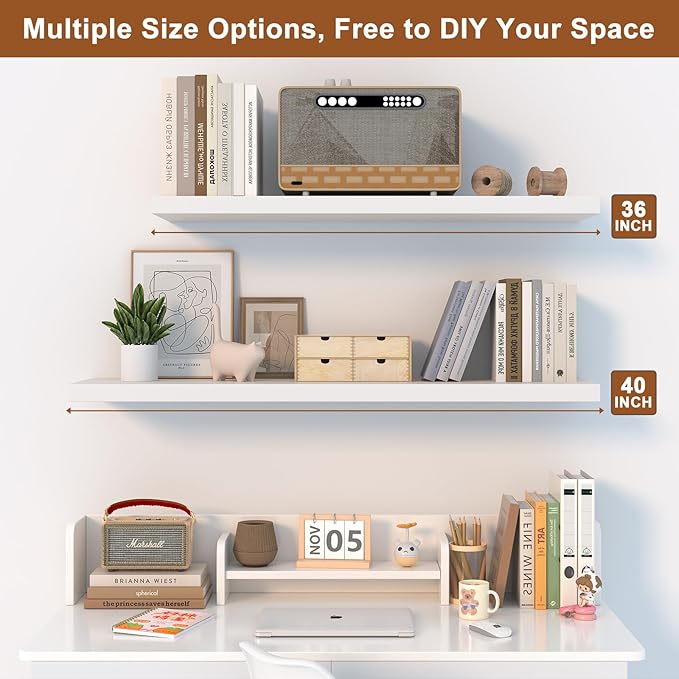 12 Inch Deep Floating Shelves for Wall 3 Pack White Floating Shelves Large Storage Space Wall Mount Shelf for Living Room Kitchen Bathroom 36" W x 12" D x 1.2" H White