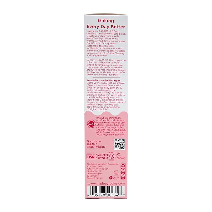 RADIUS USDA Organic Kids Toothpaste 3oz Non Toxic Chemical-Free Gluten-Free Designed to Improve Gum Health for Children's 6 Months and Up - Dragon Fruit - Pack of 1