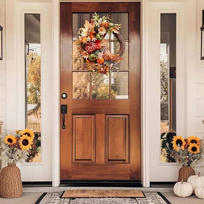 20Inch Fall Wreaths for Front Door,Fall Decorations for Home,Autumn Wreaths with Pumpkin Peony Sunflowers Berry Wreaths,Fall Door Wreath for Thanksgiving Halloween Farmhouse Home Outdoor Indoor Decor