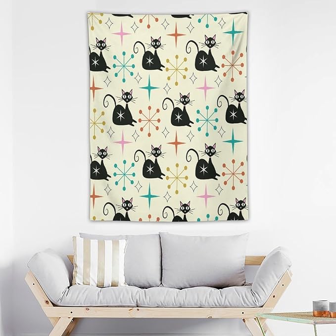 ICMOLYYENLO Abstract Cat Tapestry, Medieval Abstract Atomic Star Cat Vintage Home Wall Hanging Art Tapestry for Bedroom Living Room Dormitory 30x40 Inch