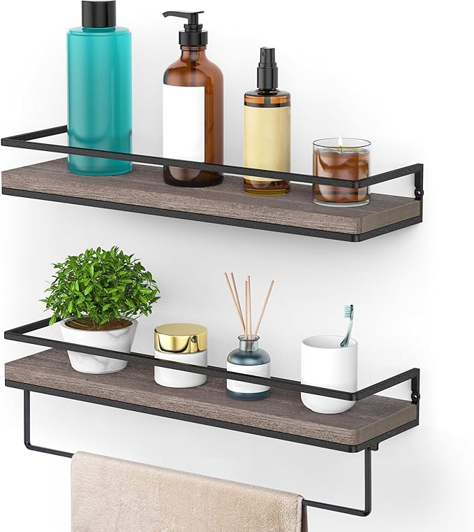 Meangood Floating Shelves Wall Mounted, Wall Shelf with Towel Bar Rustic Wood Wall Storage Shelves for Bedroom,Living Room,Bathroom, Kitchen (Set of 2/Brown)