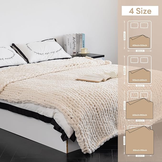 Chunky Knit Blanket - Luxury Soft Cozy 60 * 80 Throw Blanket,100% Woven Blanket Rope Knot Throw Blanket for Couch, Sofa, Home Decor, Gift - Machine Washable（Cream）