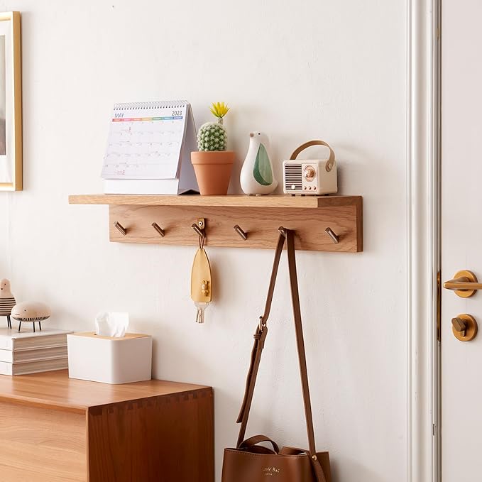 Oak Wood Wall Shelf with 5 Hooks, Entryway Shelf Coat Rack with Hooks Floating Shelves with Hooks for Clothes Hats Towel Purse Robes, Bathroom Mudroom Bedroom (20 inch)