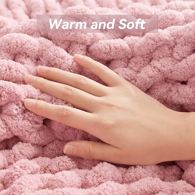 Chunky Knit Throw Blanket, 40''*50'' Knitted Throw Chenille Yarn for Bed Couch, Handmade Light Pink Crochet Big Thick Blanket, Machine Washable Cute Comfy Blanket for Home Decor