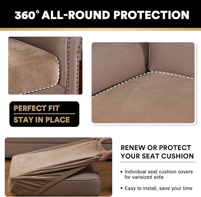 PrinceDeco Stretch Velvet Couch Cushion Cover,Soft Cushion Slipcover for Chair Cushion Furniture Protector Seat Cushion Sofa Cover Width Up to 29.5", Camel
