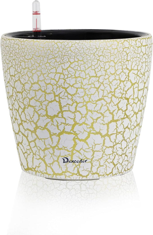 Dexceder 11x10 Inches Self Watering Planter Indoor Outdoor, Inner Pot Design, Thickened Table Flower Plant Pot with Water Level Indicator (White Gold Crackle)