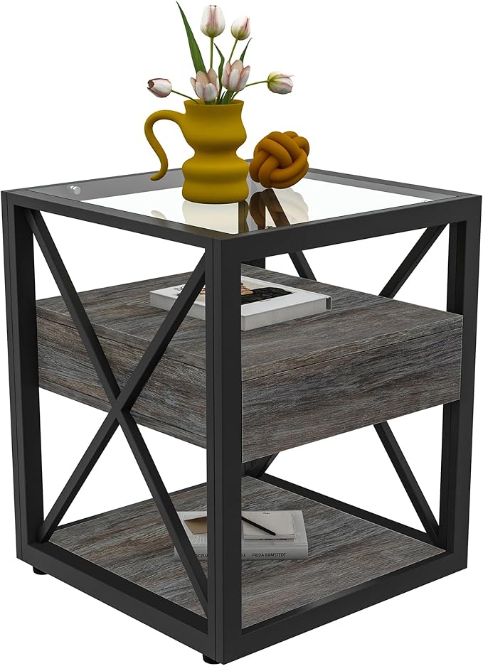 Farmhouse End Table, Modern Side Table with Drawer&3-Tier Storage Shelf, Square Rustic Nightstand, Accent Tea Table, for Bedroom Office Living Room, Grey, Natural Wood, Glass, Metal