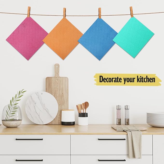 Swedish Dishcloths for Kitchen | 6 Pack Absorbent Cellulose Sponge Cloths Washable | Non-Scratch Reusable Paper Towels Quick Drying Cleaning Cloths - Green