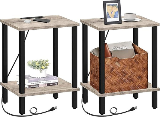 TUTOTAK End Table with Charging Station, Set of 2, Small Side Table, Nightstand Bedside Table, 2-Tier Storage Shelf for Small Space, Living Room, Bedroom Greige V1TB01BG041