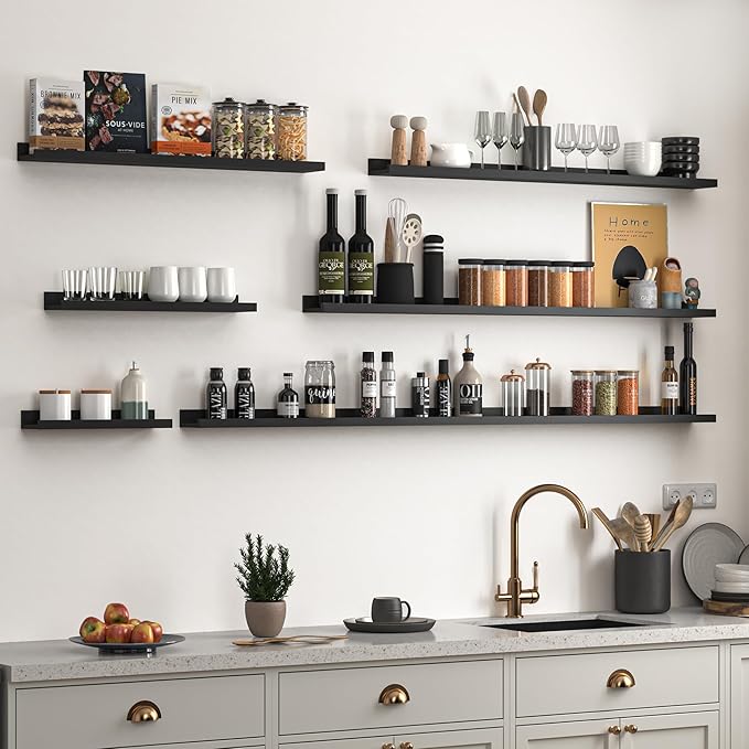 Heimlove Picture Ledge Shelf, Floating Shelves Set of 2, 48 Inches Picture Shelf for Wall with Ledge, Kids Bookshelf Wall Mounted for Living Room Bedroom Decor Books Photo Frames, Black