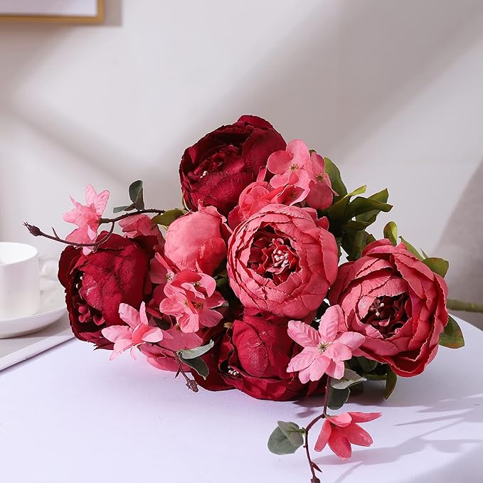 Duovlo Fake Flowers Vintage Artificial Peony Silk Flowers Wedding Home Decoration,Pack of 1 (New Red)