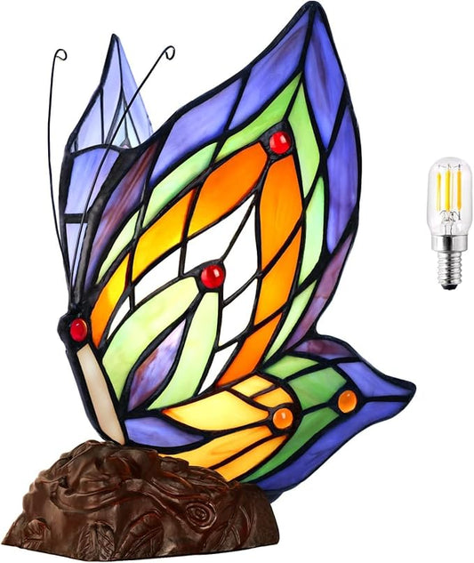 Tiffany Butterfly Table Lamp, 9'' Tall Vintage Stained Glass Lamp, Fairy Reading Night Light for Bedroom Living Room, 1 LED Bulb Included