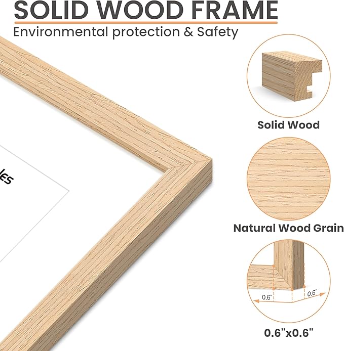 upsimples 8.5 by 11 Picture Frame, Natural Solid Wood Picture Frames, Display 6x8 with Mat or 8.5 x 11 Without, Wall or Tabletop, 1 Pack, Natural