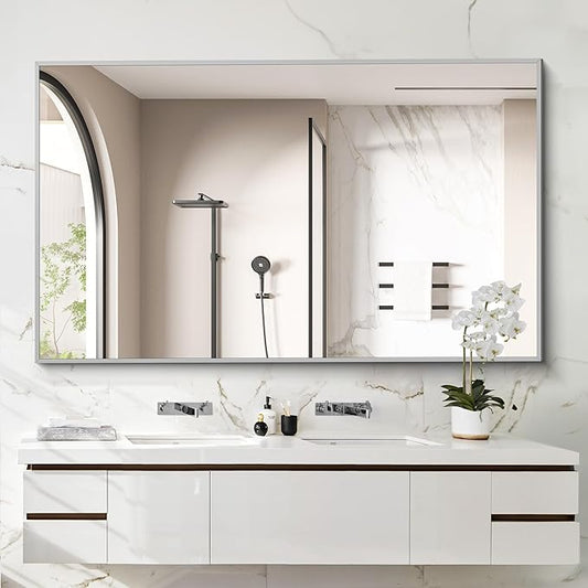 36x55inch Bathroom Mirror, Silver Rectangle Mirror with Thin Metal Frame, Large Rectangular Wall Mirrors for Bathroom, Living Room, Hair Salon, Big Mirror Hang Horizontal/Vertical