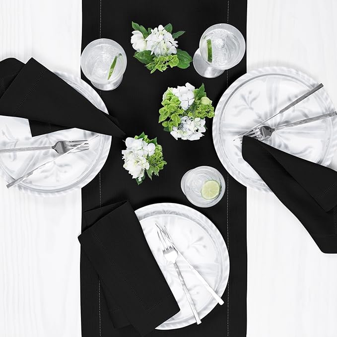 Solino Home Linen Black Table Runner 90 Inches Long - 100% Pure Linen Hemstitch 14 x 90 Inch Table Runner for Dining, Fall, Autumn, Halloween, Thanksgiving - Classic Hemstitch