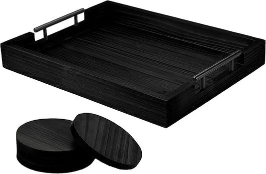 Ottoman Serving Tray | Decorative Coffee Table Tray with Handles – 17x13 Inch Wooden Tray with 4 Coasters for Breakfast, Kitchen & Bar