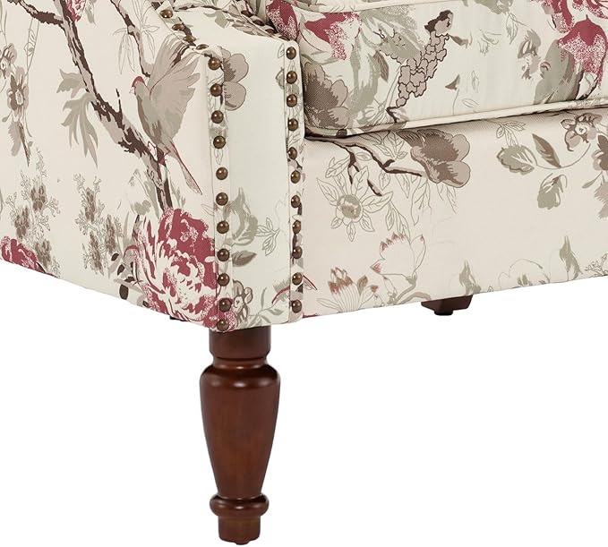 UIXE High Back Floral Accent Chairs Set of 2, Fabric Upholstered Armchair for Living Room, Retro Wingback Arm Chair with Solid Wood Leg, Nailhead Trim Single Sofa Bedroom Reading Seat - Beige