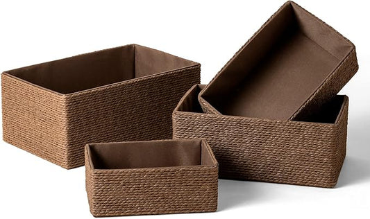 LA JOLIE MUSE Paper Rope Woven Storage Basket Set of 4 with Fabric Liner, Stackable Multipurpose Organizer Bin, Brown