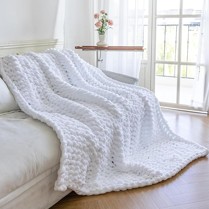 Chunky Knit Blanket - Luxury Soft Cozy 40 * 50 Throw Blanket,100% Woven Blanket Rope Knot Throw Blanket for Couch, Sofa, Home Decor, Gift - Machine Washable(White)
