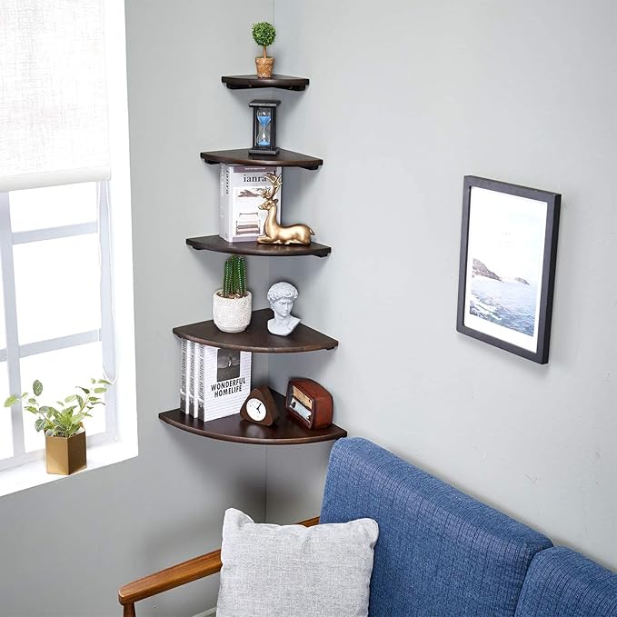 Corner Shelf,12inch Walnut Solid Wood Floating Corner Shelves Wall Mount Round End Floating Speaker Rack with Wire Hole for Small Plant for Bedroom Kitchen