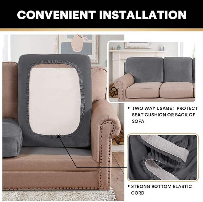 PrinceDeco Velvet Couch Cushion Cover Soft Stretch Cushion Slipcover for Chair Loveseat Sofa Cushion Furniture Protector Seat Cushion Sofa Cover (2 Piece Large Sofa Cushion Covers, Grey)