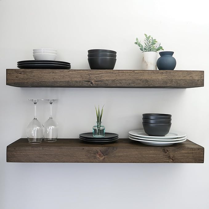 Modern Floating Shelves 3 Inches Thick for Wall, Wide Shelves for Kitchen, Living Room, Bedroom, and Bathroom, Natural Pine Wood, Rustic Wooden Shelf, (Set of 2) (Jacobean, 36Lx3Hx8D)