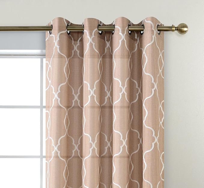 MIUCO Moroccan Embroidery Semi Sheers Curtain Faux Linen Grommet Window Curtains for Office 52 x 95 Inch 2 Panels, Taupe