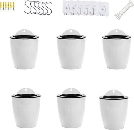 ORIMERC 6 Pack White Self Watering Wall Hanging Planter Pots Vertical Garden Window Mount Indoor Outdoor Plant Flower Basket Kitchen Herbs Balcony Railing Shelf Fence Bedroom Trellis Decor(Medium)
