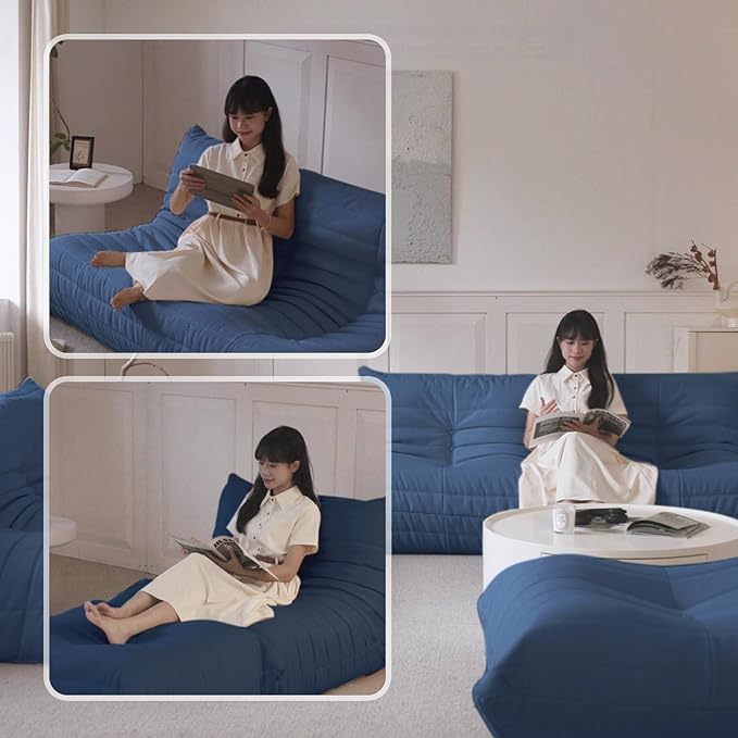 Luxury Sofa Couch Chair, Lazy Floor Seating, Fireside Bean Bag Chair, Ergonomic Tatami Sofa Lounger for Living Room, Bedroom, Office, Single Seat, Blue