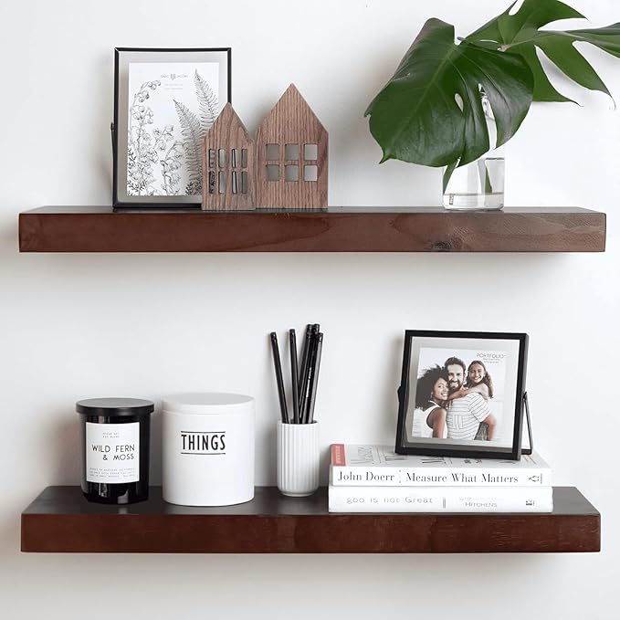 Homeforia 24inch Walnut Floating Shelves for Wall, High End Solid Real Wood 24in Floating Shelf for Bathroom, Dark Brown 24 inch Long Floating Shelves, Heavy Duty Bracket, 24 X 6.5 X 1.75 in, Set of 3