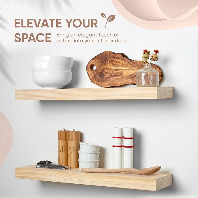 Homeforia 24 inch Natural Floating Shelf, High End Solid Real Wood 24inch Small Floating Shelves for Wall Mounted, Natural Wooden Floating Shelves, Heavy Duty Bracket, 24 X 6.5 X 1.75 in, Set of 2