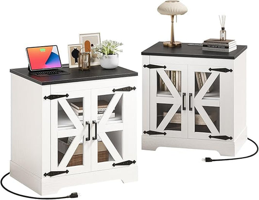 Farmhouse Side Table - 24" Large Night Stand Set 2, Wood Nightstand with Charging Station, Bedside Table with Adjustable Shelf, End Tables Living Room, Rustic Bed Side Tables Bedroom, White
