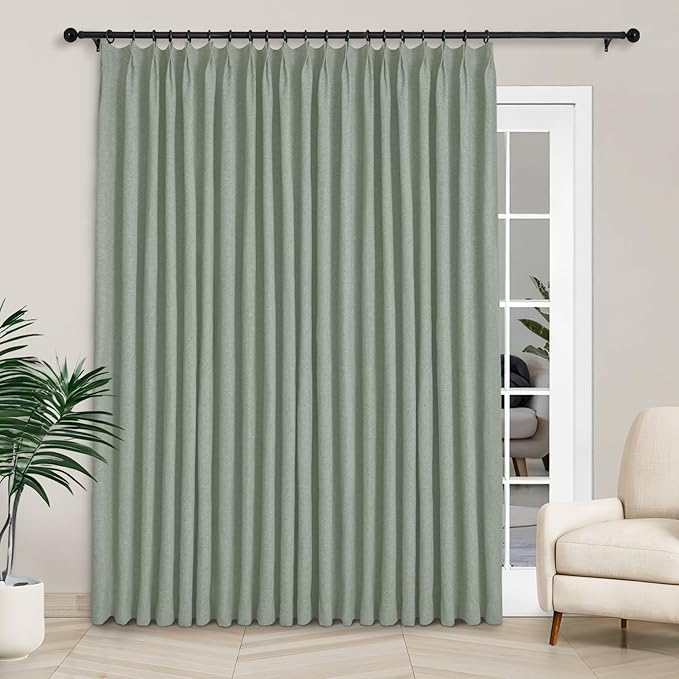 Macochico 120”Wx102”L 100% Blackout Linen Curtains Pinch Pleated Thermal Panels for Sliding Door Bedroom Living Room Farmhouse Shabby Chic Fog Green Burlap Curtains with Tieback 1 Panel