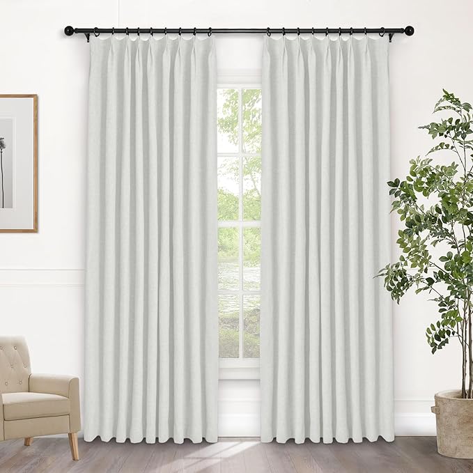 Macochico 100% Blackout Pinch Pleated Linen Curtains 84 Inch Length Thermal Blackout Curtains for Bedroom Living Room Nursery Greyish White Farmhouse Burlap Curtains with Tieback 52”Wx84”L 1 Panel