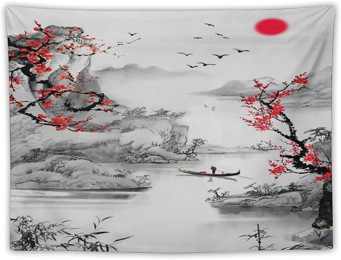 Cherry Blossoms Tapestry,Japanese Red Landscape Watercolor Abstract Art Tapestry,Asian Japanese Wall Tapestry, Nature Landscape Tapestries for Bedroom Living Room Decor 60"x50"