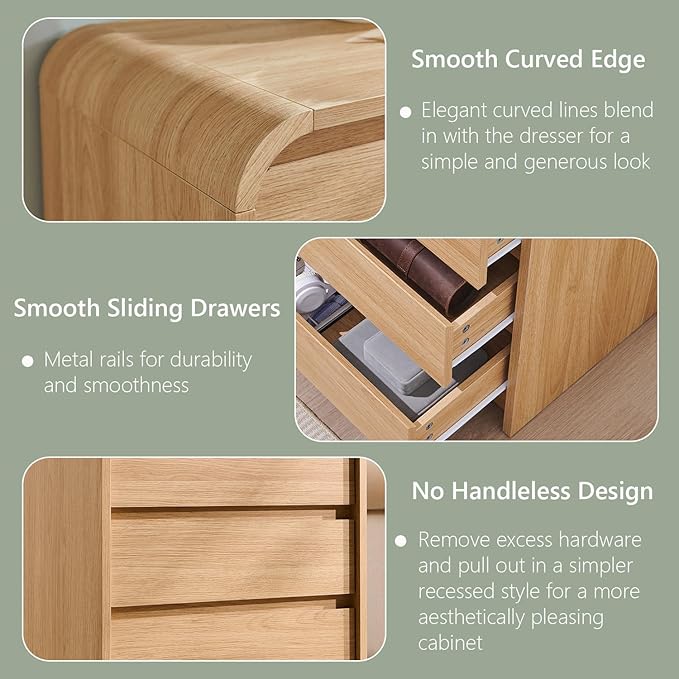 25" Tall Modern Nightstand with Charging Station, 23.6'' Wide Wood Bedside Table w/3 Storage Drawers, Small Dresser w/Curved Profile Design, End Table for Bedroom, Natural Oak