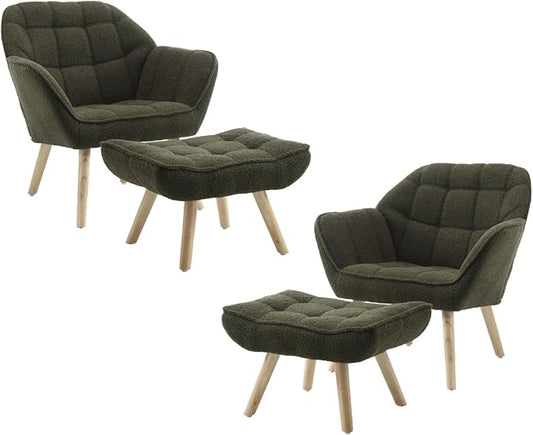 Modern Sherpa Accent Chair with Ottoman Set of 2, Fluffy Upholstered Lounge Chair with Footrest, Comfy Living Room Side Boucle Armchair for Small Space Bedroom, Green