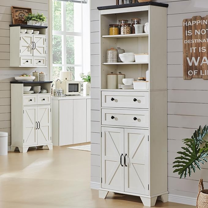 72" Tall Bathroom Storage Cabinet, Farmhouse Storage Cabinet with 2 Drawers, Adjustable Shelves & Barn Door, Cabinet for Bathroom, Living Room, Kitchen, Off White
