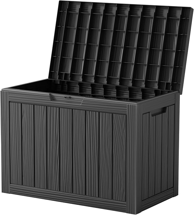 45 Outdoor Storage Box, Waterproof Resin Deck Box with Side Handles, Lockable Outdoor Bench for Indoor & Outdoor Use, Storage Bin for Patio Cushions, Garden Tools, Package Delivery, Black